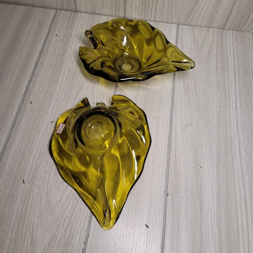 Vintage Noleans Italy Avacado Green Glass Leaf Candy Dish Candle Holder Set READ